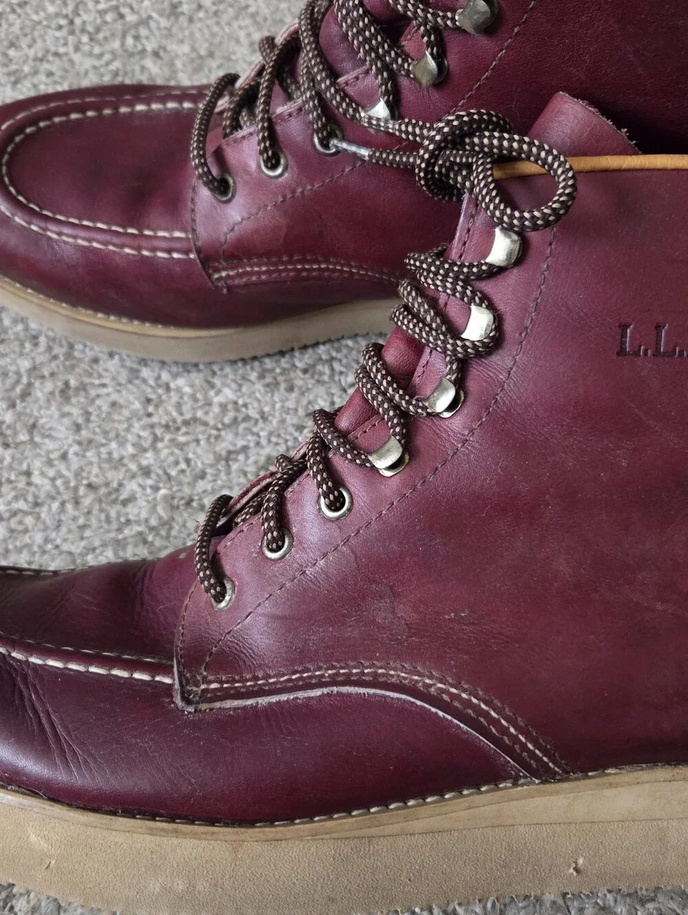 Vtg LL Bean Mens Burgundy Leather Moc Toe Boots Lace Up -Italy Sz 11